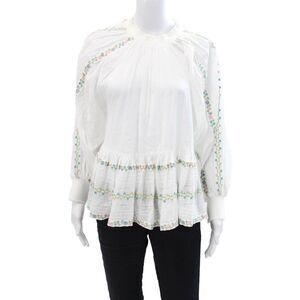 By Ti Mo Womens Cotton Floral Embroidered Detail Buttoned Blouse White Size S